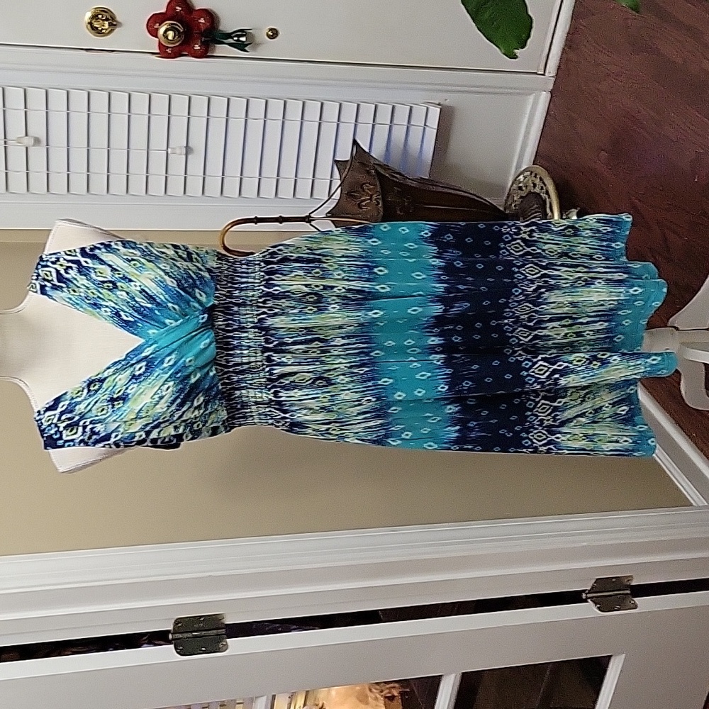 Mary McFadden blue aqua white print sleeveless dress elastic waist Vneck L EUC …